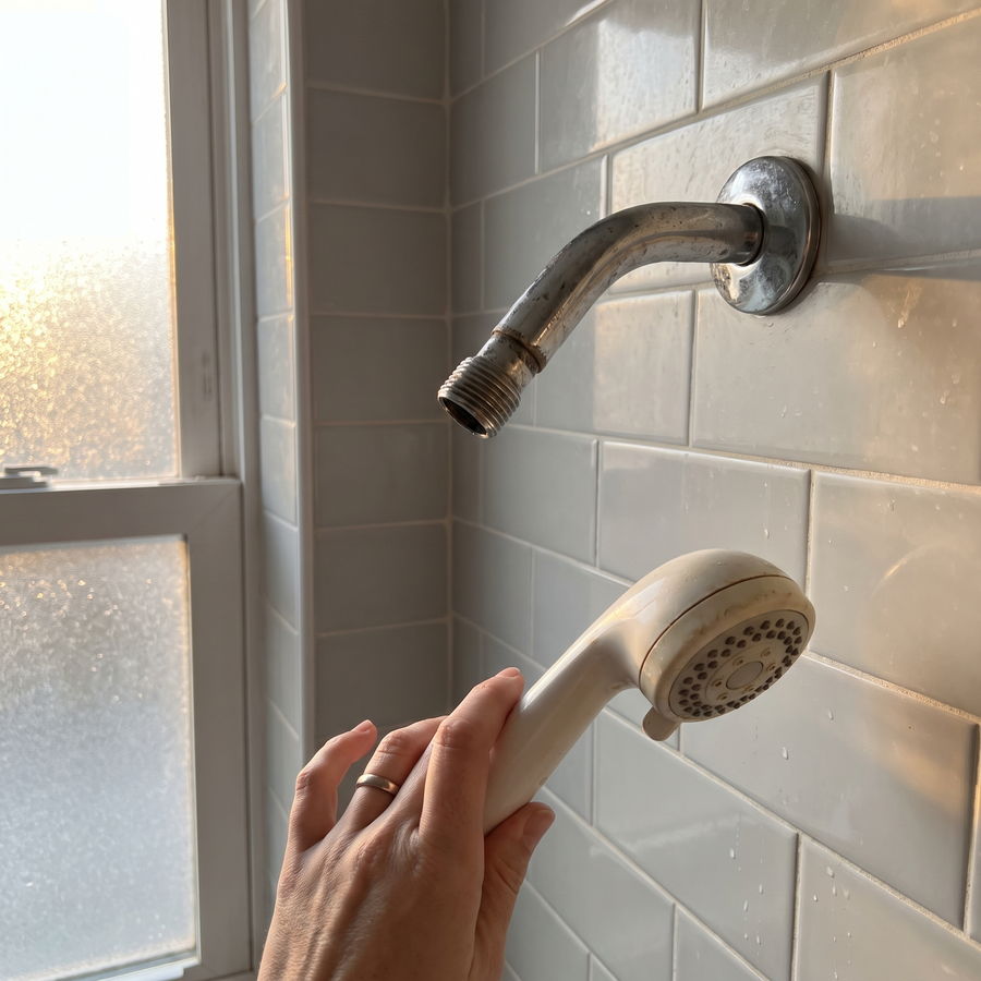 The old showerhead removed from the arm