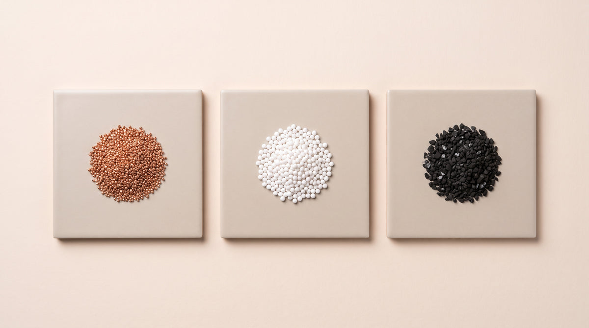 Copper-zinc granules, calcium sulfite pellets, and coconut-shell carbon
